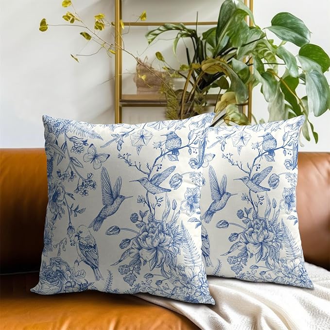 Chinoiserie Floral Throw Pillow Covers 18x18 in Asian Navy Bird Flowers Square Cushion Cover Oriental Decorative Cushion Cases Home Decor for Farmhouse Sofa Couch Bed Car