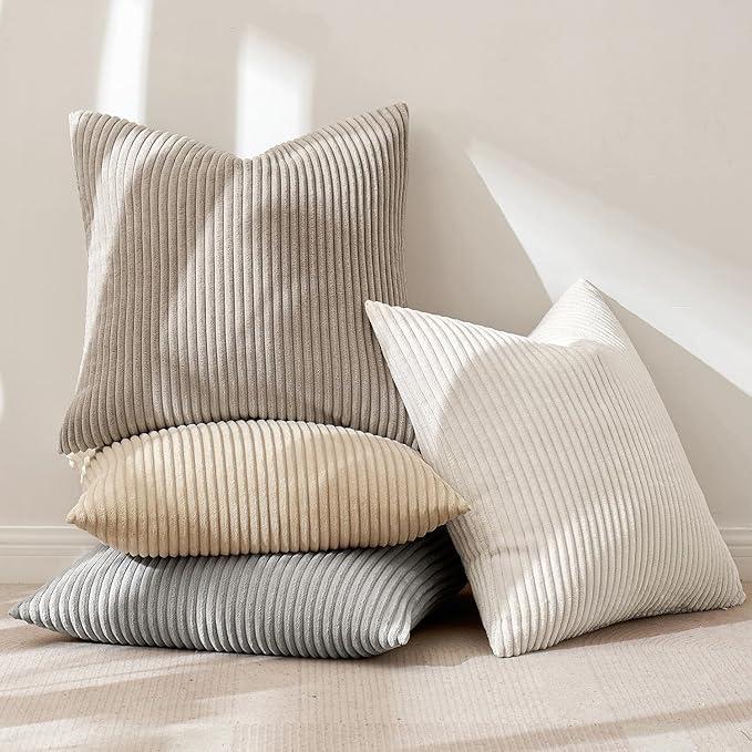 MIULEE Boho Farmhouse Throw Pillow Covers 18x18 Inch Set of 4 Neutral Tan Decorative Cushion Covers Soft Corduroy Nordic Home Decor for Couch Bed Sofa Living Room