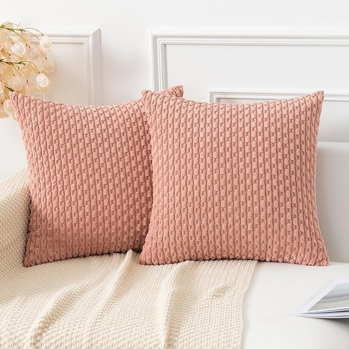 Kevin Textile Throw Pillow Covers Soft Corduroy Decorative Set of 2 Boho Striped Pillow Covers Pillowcases Valentines Day Home Decor for Couch Bed Sofa Living Room 18x18 Inch Baby Pink