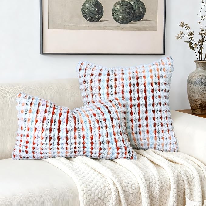 Boho Chenille Tufted Pillow Cover 18x18 Inch Set of 1, Farmhouse Striped Decorative Pillow Covers Accent Fluffy Neutral Square Pillowcases for Couch Sofa Bedroom Living Room, Orange White