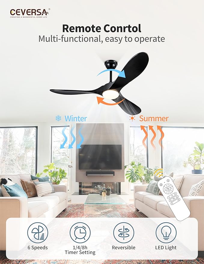 52 Inch Black Ceiling Fans with Lights and Remote,3 Blades Outdoor Wood Propeller Rustic Grey Ceiling Fans,Quiet Noiseless DC Motor,for Farmhouse,Living Room,Bedroom,Indoor