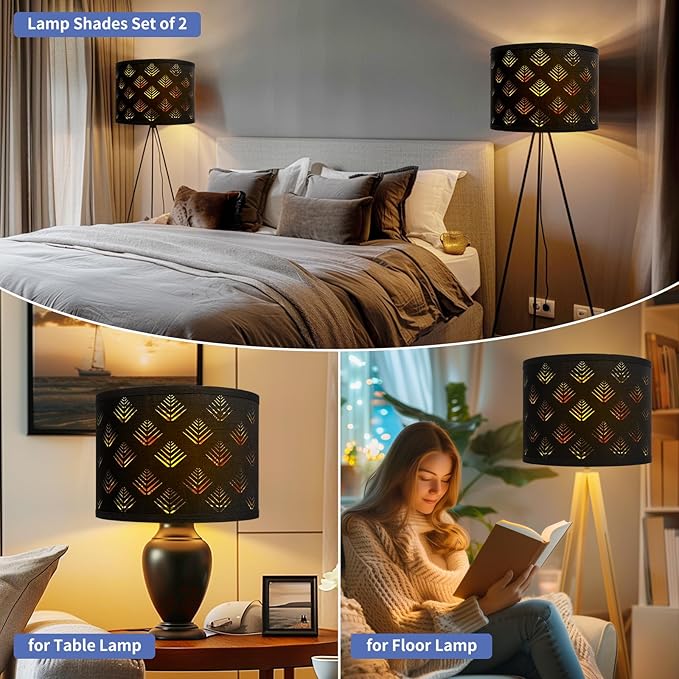 Lamp Shades Set of 2, Drum Lampshades with Leaf Design, 13" Top x 13" Bottom x 10" High (Spider) Modern Linen Lamp Shades for Table Lamp & Bedside Lamp, Assembly Required Black Lampshades Replacement