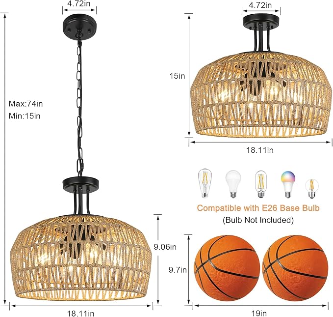 LynPon 18" Farmhouse Rattan Chandelier, 4-Light Boho Pendant Light Fixture with Woven Wicker Shade, Convertible Coastal Hanging or Ceiling Light Fixture for Dining Room Kitchen Living Room Foyer