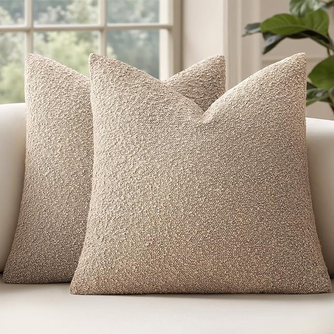 MIULEE 22x22 Inch Decorative Euro Sham Throw Pillows for Bed Set of 2 Textured Boucle Neutral Winter Throw Pillow Covers Khaki Accent Solid Euro Couch Pillowcases Sofa Livingroom Home Decor