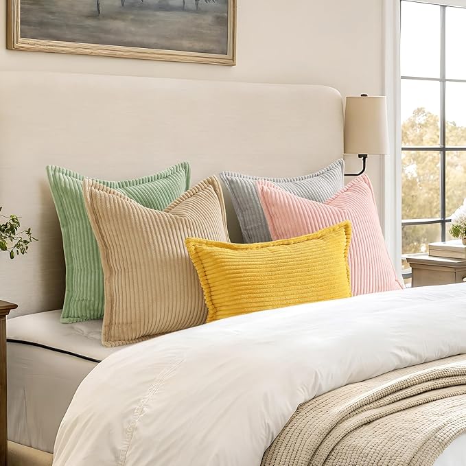 decorUhome Corduroy Mustard Yellow Throw Pillow Covers 12x20 Set of 2 Decorative Soft Boho Farmhouse Lumbar Euro Couch Pillow Covers for Living Room Bed Sofa Broadside Striped Pillow Cases