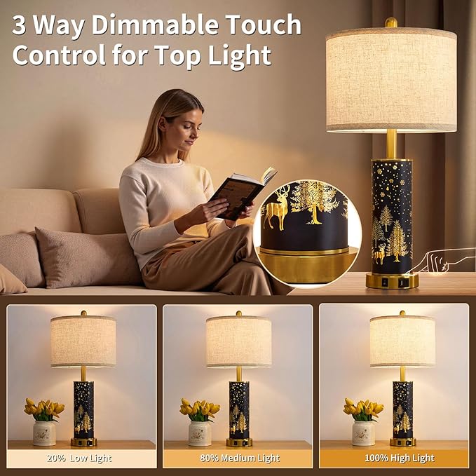 26.5" Farmhouse Table Lamp Set of 2, 3-Way Dimmable Touch Control Bedside Lamps Vintage Rustic Side Table Nightstand Lamps for Bedroom Living Room Study Room (Gold-Blue)