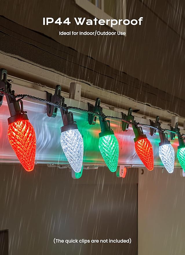 C9 Christmas Lights Outdoor, 66 FT 100 LED Connectable C9 String Lights with 8 Modes and Timer Xmas Tree Patio Roofline Garden Yard Holiday Party Indoor Outdoor Decoration, Red, Green and White