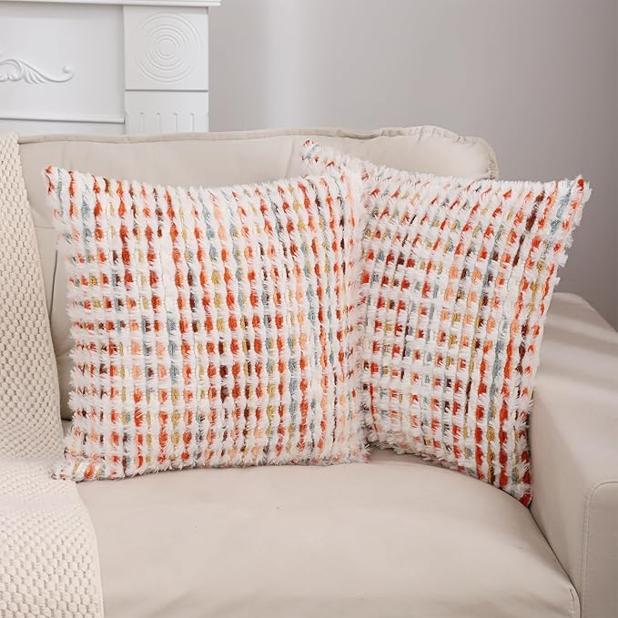 LUOYEHK Boho Throw Pillow Covers 18x18 Inch Set of 2 Chenille Tufted Pillowcase Farmhouse Neutral Cushion Covers for Couch Sofa Bed Living Room, Orange Red