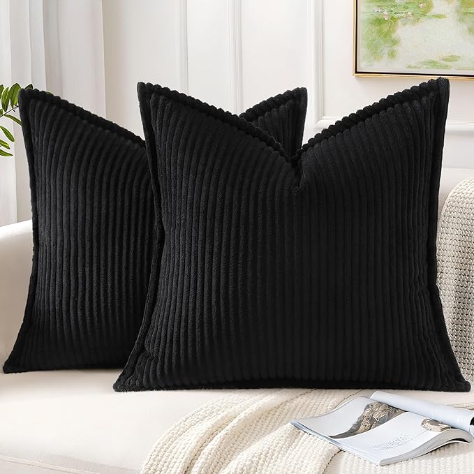 Mecatny Corduroy Throw Pillow Covers 18x18 Set of 2, Neutral Decorative Soft Boho Couch Pillow Covers with Broadside for Sofa Living Room, Black