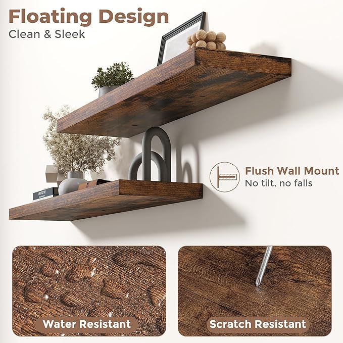 Floating Shelves for Wall with Invisible Brackets, Wall Mounted Engineered Wood Shelves with Wood Grain for Living Room, Bathroom, Kitchen Decor and Storage, Oak, 36"L Set of 2, Rustic Brown