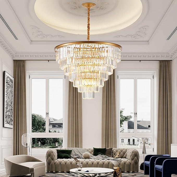 7-Tiers 22 Lights Gold Crystal Chandelier Luxury 35.46" Modern Contemporary Crystal Pendant Ceiling Lighting Crystals Light Fixture for Living Room Hotel Lobby Restaurant Foyer High Ceiling