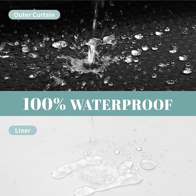 Black No Hook Waffle Weave Shower Curtain with snap-in Liner Replacement, 230GSM Waterproof Fabric Hotel Shower Curtain Set for Bathroom, Through Mesh Top Window,71Wx77H