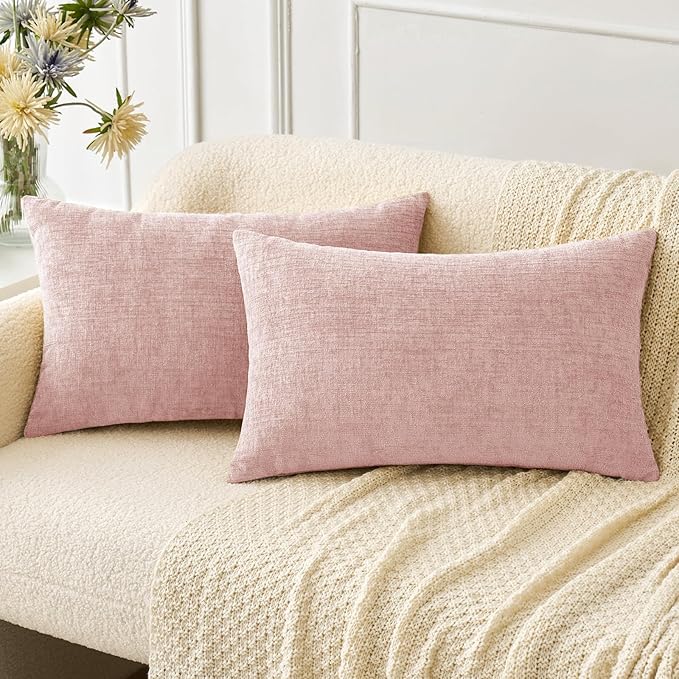MIULEE Pack of 2 Couch Valentines Throw Pillow Covers 12x20 Inch Soft Spring Pink Chenille Pillow Covers for Sofa Living Room Solid Dyed Pillow Cases