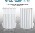 White Long No Hook Shower Curtain with Snap in Liner,230GSM Waffle Weave Shower Curtains for Bathroom,71W x 86H