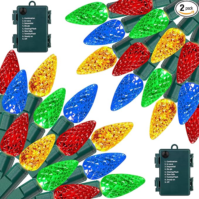 2 Pack 100LED C6 Christmas Lights Battery Operated, 16.4FT C6 Christmas Lights Battery Powered with Timer, 8 Modes, Waterproof for Outdoor Garden Patio Indoor Xmas Tree Bedroom Party, Multi-Color