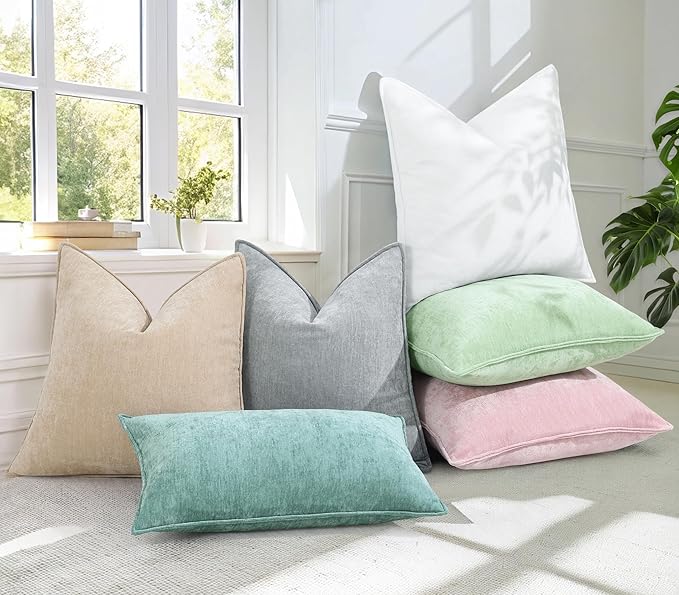 decorUhome Couch Throw Pillow Covers 20x20 Set of 2, Decorative Soft Euro Neutral Chenille Pillow Covers with Elegant Design for Sofa Bed Living Room Home Decor, Beige