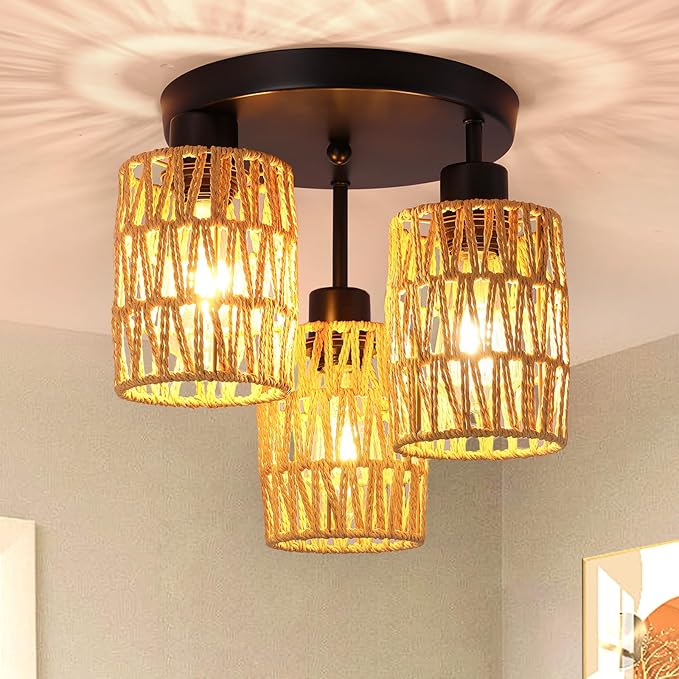 Boho Rattan Ceiling Light Fixture, Mini Rattan Chandelier Lighting Fixture, Hand Woven Ceiling Light Fixtures for Hallway Bedroom Kitchen Entryway Living Room (Brown)