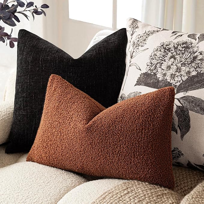 Foindtower Pack of 2, Curly Faux Fur Decorative Throw Pillow Covers Soft Fuzzy Plush Cushion Case with Zipper Cozy Pillowcase for Home Living Room Couch Bed Sofa 12 x 20 Inch,Hazel Brown