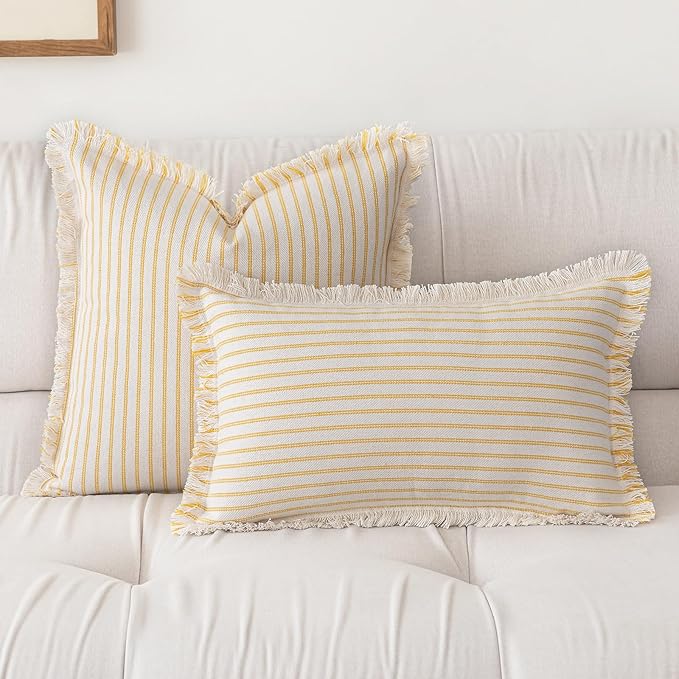 Throw Pillow Covers 24x24 Set of 2 Striped Fringe Pillow Cover Farmhouse Cushion Covers with Tassel Neutral Boho Pillows Decorative Square Pillowcase for Couch Sofa Bed, Yellow