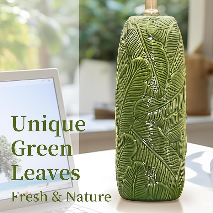 25” Green Lamps Set of 2 with Leaves Design for Living Room, Bedroom, Retro Ceramic Table Lamps for Nightstand Set of 2