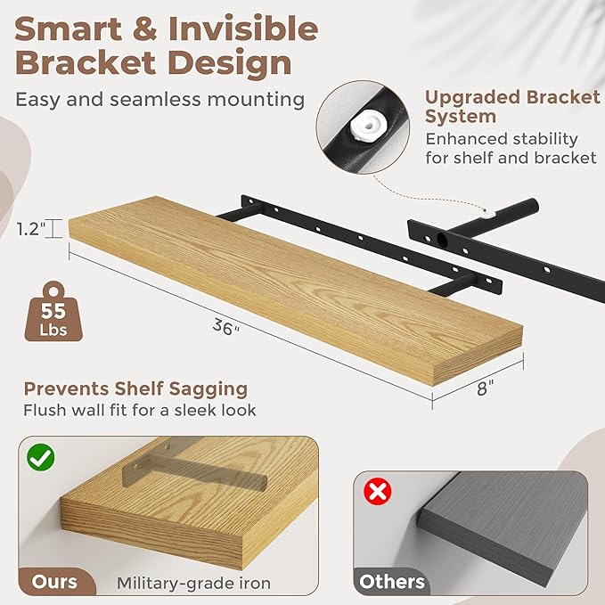 Floating Shelves for Wall with Invisible Brackets, Wall Mounted Engineered Wood Shelves with Wood Grain for Living Room, Bedroom, Bathroom, Kitchen Decor and Storage, Oak, 36"L Set of 2, Oak