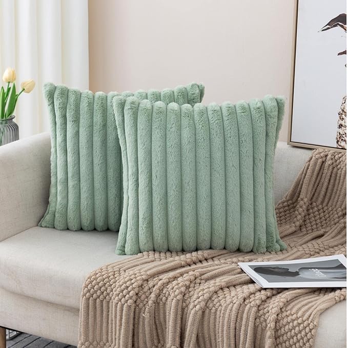 ZLINA Set of 2 Light Green Faux Fur Decorative Throw Pillow Covers Fluffy Striped Pillowcase Cushion Covers 24 x 24 Inch Decor Sofa Couch Bedroom
