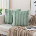 ZLINA Set of 2 Light Green Faux Fur Decorative Throw Pillow Covers Fluffy Striped Pillowcase Cushion Covers 24 x 24 Inch Decor Sofa Couch Bedroom
