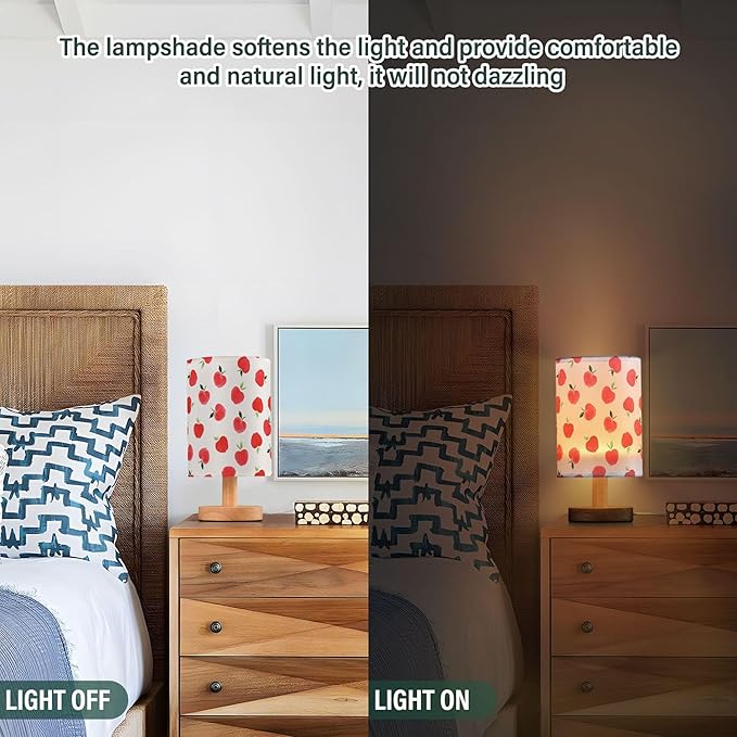 Table Lamp Watercolor Red Apple Pattern White Nightstand Lamp with Wood Base Fabric Lamp Shade Bedside Desk Lamp for Living Room Bedroom Kids Room Office