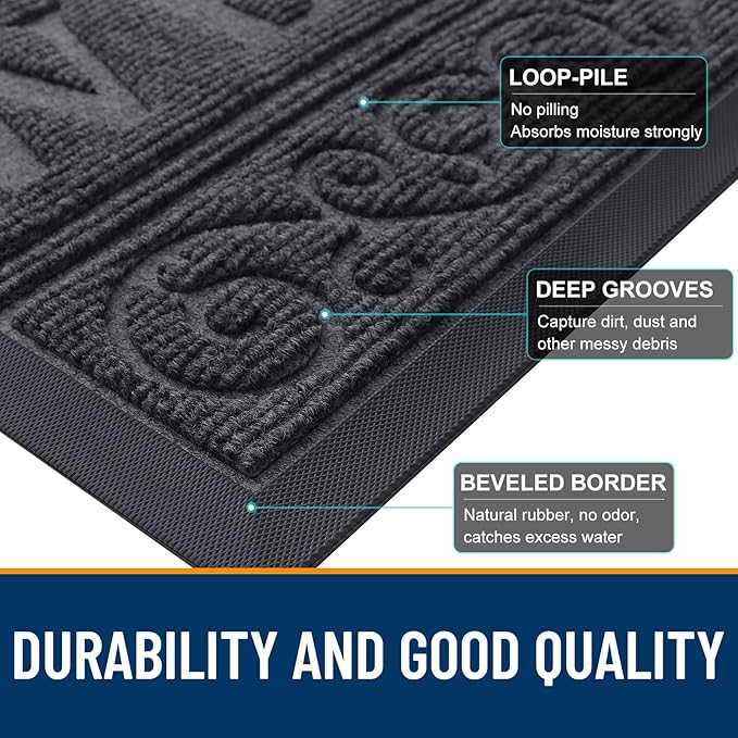 OLANLY Welcome Door Mat Indoor Outdoor Entrance, Heavy Duty Sturdy Front Door Mat, Waterproof All-Weather Doormat, Stain Resistant, Low Profile, Easy Clean Patio Entryway Mat, 47 x 32, Grey