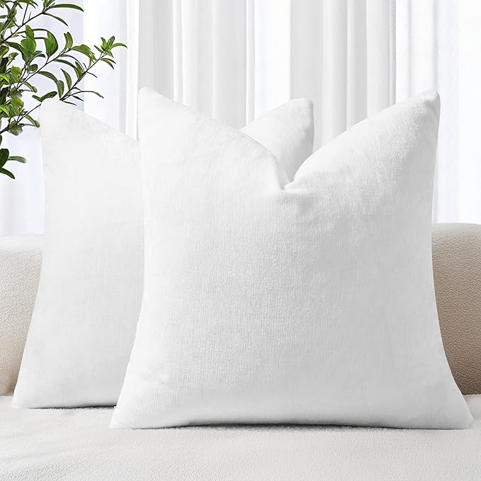 decorUhome Chenille White Throw Pillow Covers 22x22 Inch Set of 2, Decorative Soft Couch Pillow Covers Solid Dyed Accent Velvet Farmhouse Neutral Square Christmas Pillow Cases for Sofa Bed Living Room