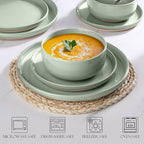 LIANYU Porcelain Dinnerware Set for 4, 12 PC Stoneware Dinner Plates and Bowls, Ceramic Dining Dishes Set for Dessert Salad Pasta, Microwave & Dishwasher Safe, Fog Green