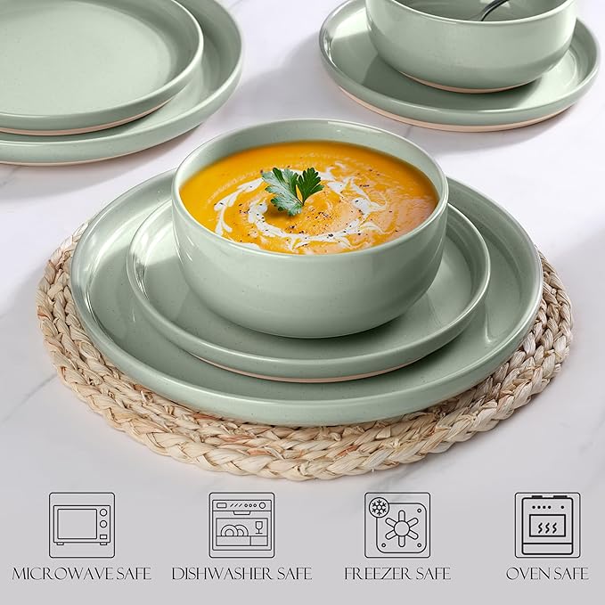 LIANYU Plates and Bowls Sets for 8, 24 Piece China Dinnerware Stoneware Set, Porcelain Dishware for Microwave, Dishwasher, Oven, High temperature Resistant, Fog Green