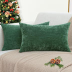 decorUhome Chenille Christmas Green Throw Pillow Covers 12x20 Inch Set of 2, Decorative Soft Couch Pillow Covers Solid Dyed Accent Velvet Farmhouse Neutral Rectangle Pillow Cases for Sofa Living Room