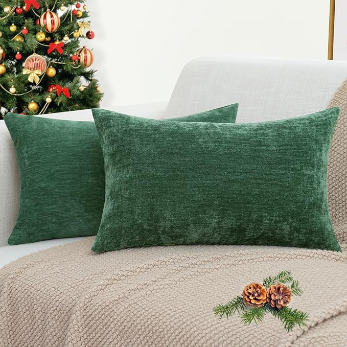decorUhome Chenille Christmas Green Throw Pillow Covers 12x20 Inch Set of 2, Decorative Soft Couch Pillow Covers Solid Dyed Accent Velvet Farmhouse Neutral Rectangle Pillow Cases for Sofa Living Room