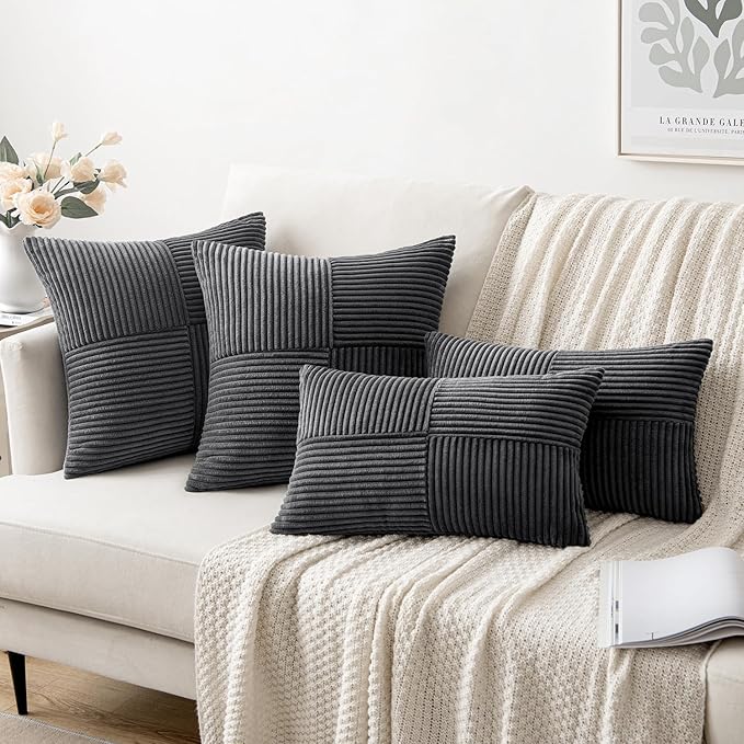 MIULEE Grey Corduroy Pillow Covers Pack of 2 Boho Decorative Spliced Throw Pillow Covers Soft Solid Couch Pillowcases Cross Patchwork Textured Cushion Covers for Living Room Bed Sofa 18x18 inch