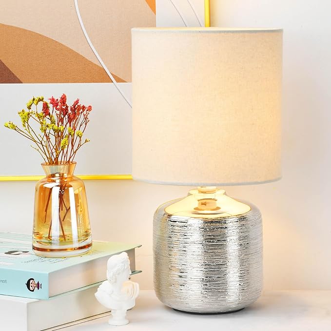 Lampwell Beno Small Table Lamp for Living Room as Bedside Table Lamp for Bedroom,Modern Ceramic Table Lamp,Kids Table Lamp,Night Table Lamp,Φ6.3×H11.81IN,Bulb Excluded,Grey Chrome Table Lamp
