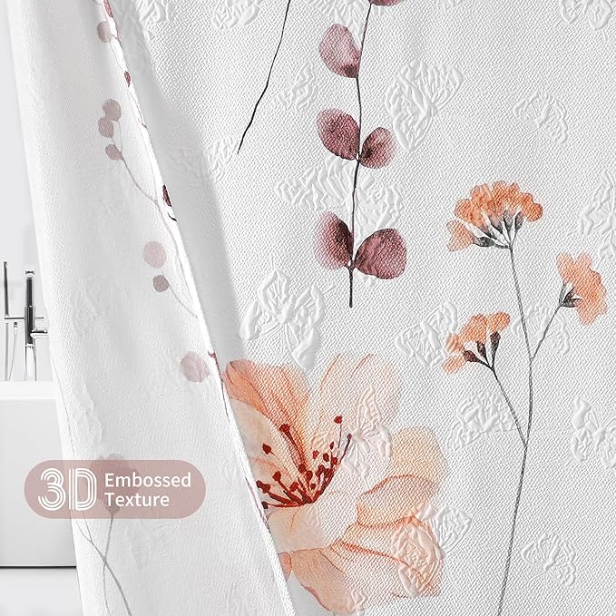QiyI Small Stall Shower Curtain 36 x 72, Narrow Half Watercolor Floral Bath Curtain, 3D Embossed Pink Brown Flower Cloth Bathroom Curtain, Waterproof Fabric White Shower Curtain Set with Hooks