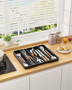 Aujen Silverware Organizer - Expandable Utensil Drawer Organizer with Non-Slip Pads, Adjustable Kitchen Drawer Organizer For Home, Apartment and Kitchen Essentials, Black, 13.6" x 1.4" x 11.0"~19.9"