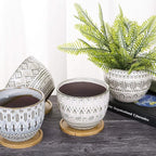 VanEnjoy 5.5 inch Large Round Bohemian Style Ceramic Planter, Geometry Engrave Off White Brown Succulent Planter Flower Pot, Indoor Outdoor Decorative Planter
