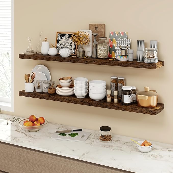 55 Inch Floating Shelves, 9.3" Deep Floating Shelf Wall Mounted, 56" Wall Shelves, Rustic Deep Bookshelf, Large Display Shelves & Storage Shelves for Bedroom, Living Room, Brown, Set of 1