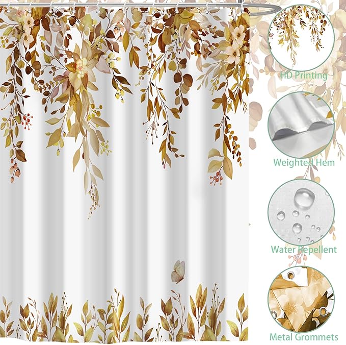 Eucalyptus Shower Curtain, Brown Watercolor Leaves with Floral Botanical Bathroom Decor, Waterproof Fabric Bath Curtain Set with Hooks, 72x84 Inches