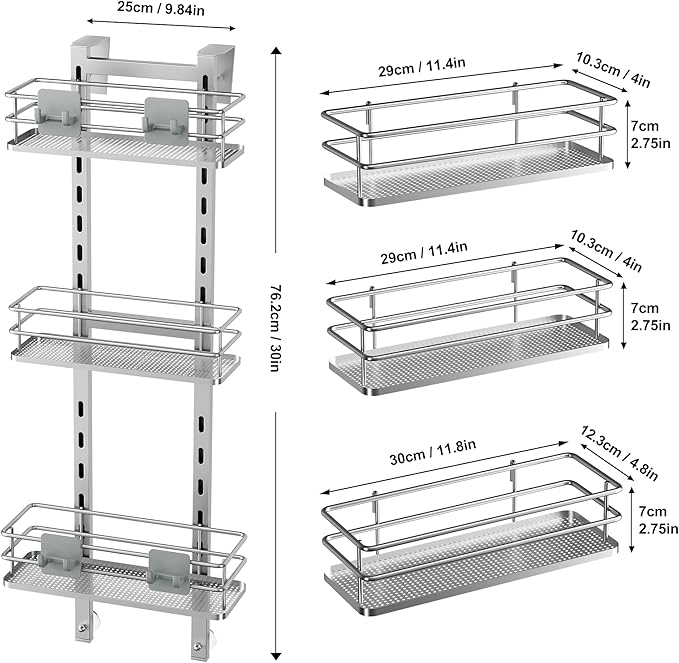 Orimade Adjustable Hanging Over the Shower Door Caddy with Hooks, Bathroom Organizer Shelf Storage Rack,No Drilling Rustproof Basket for Inside Shower, Sliver 3 Tier