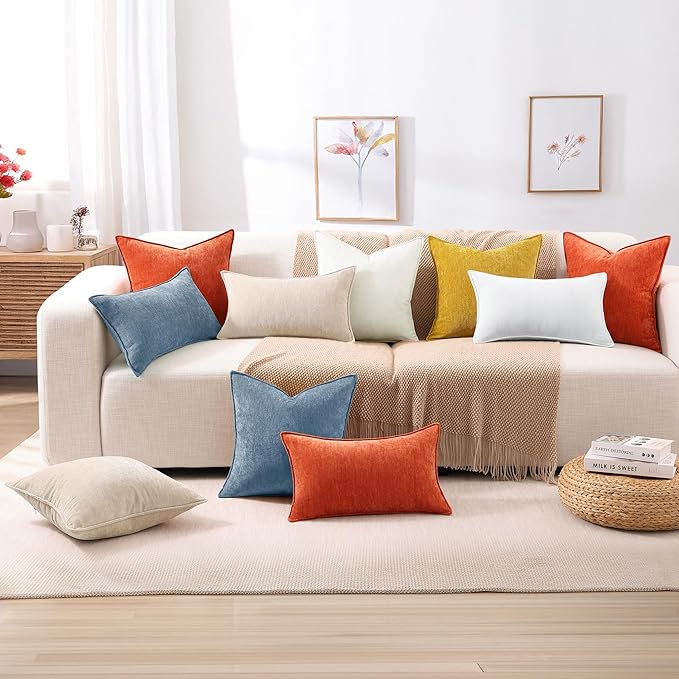 decorUhome Couch Throw Pillow Covers 18x18 Set of 2, Decorative Soft Euro Neutral Chenille Pillow Covers with Elegant Design for Sofa Bed Living Room Home Decor, Blue