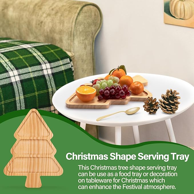 Christmas Tree Shaped Wooden Serving Tray - 12" Charcuterie Board for Cheese, Snacks, Appetizers & Desserts - Holiday Platter with Handles, Christmas Decorative Tray (12 x 8.7 x 0.6 Inches)