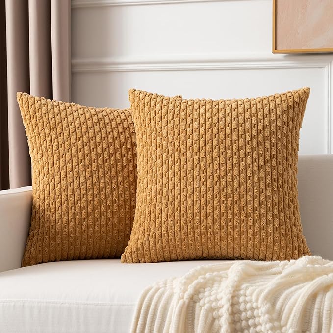 Kevin Textile Throw Pillow Covers Soft Corduroy Decorative Set of 2 Boho Striped Pillow Covers Pillowcases Farmhouse Home Decor for Couch Bed Sofa Living Room 24x24 Inch Gold