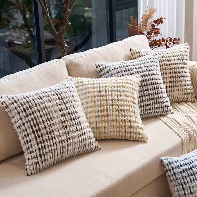 Aeckself Boho Chenille Tufted Pillow Cover 20 x 20 Inch, Decorative Square Throw Pillow Cover Neutral Pillowcase for Couch Bedroom Living Room, Brown White