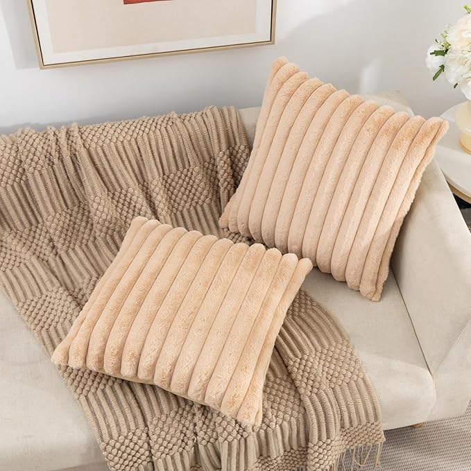 ZLINA Set of 2 Apricot Faux Fur Decorative Throw Pillow Covers Fluffy Striped Pillowcase Cushion Covers 20 x 20 Inch Decor Sofa Couch Bedroom