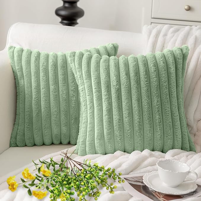 MOSAYT Spring Faux Fur Throw Pillow Covers 20x20, Set of 2, Plush Velvet Soft Pillow Case,Fluffy Striped Decorative Couch Pillow Covers for Sofa, Bedroom, Living Room(Sage Green)