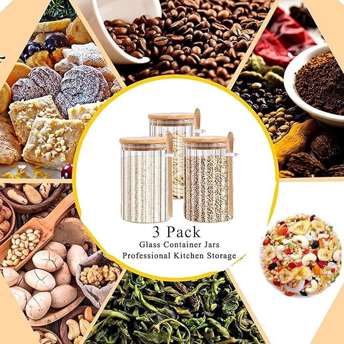 25 FL OZ Airtight Glass Jars with Bamboo Spoons Lids Overnight Oats Container Decorative Coffee Bar Food Storage Jar Cereal Nuts Salts Coffee Tea Flour Sugar Container Spice Jars