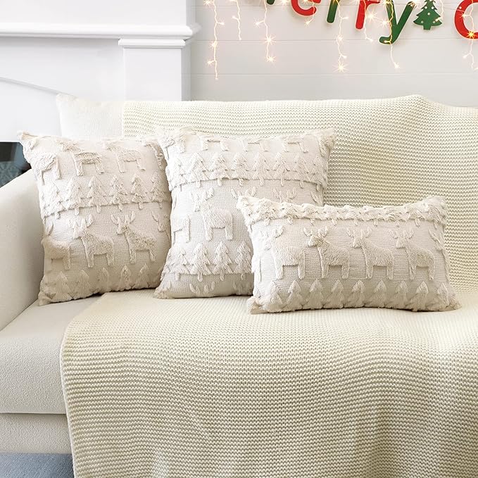 OTOSTAR Set of 2 Xmas Soft Plush Short Wool Velvet Decorative Throw Pillow Covers Square Luxury Style Cushion Case Pillow Shell for Sofa Bedroom Christmas Tree and Elk Cream Beige, 14x14 Inch